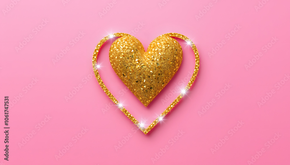 Golden glitter love heart on a pink background isolated with white highlights, png