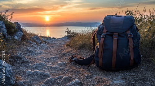 A backpack on the ground next to a rugged trail at sunrise, suggesting adventure, with no one present. photo