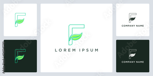 Outline letter F green leaf logo and icon editable