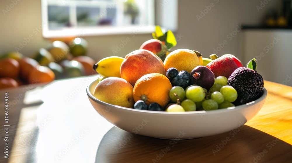 A bowl of fresh fruit on a sunlit kitchen table, with natural light streaming through the windows. A bowl of fresh fruit on a sunlit kitchen table, with natural light streaming through the windows.