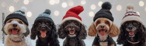 Cagnolini carini vestiti con cappellini a tema natalizio. Sfondo chiaro.