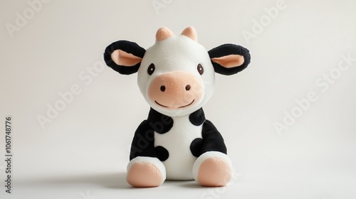 Adorable Cow Plush Toy Sitting Upright on a White Background