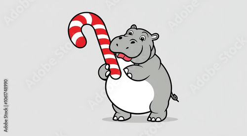 A cute cartoon hippo joyfully holding a red and white candy cane against a light gray background.