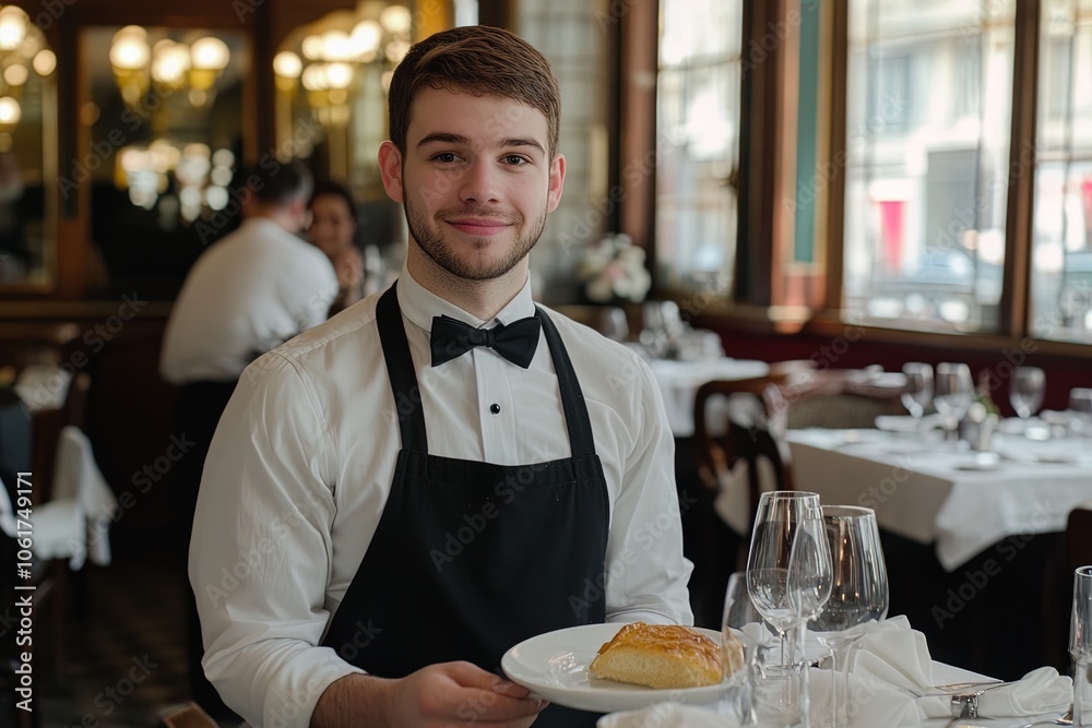 Young Waiter Serving a Dessert in an Elegant Restaurant During Dinner Service Young Waiter Serving a Dessert in an Elegant Restaurant During Dinner Service