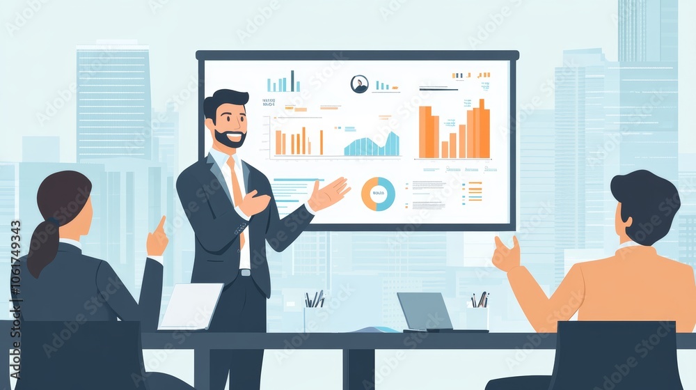 Confident CEO presents dynamic charts on a digital screen, surrounded by colleagues in an urban skyline office. Confident CEO presents dynamic charts on a digital screen, surrounded by colleagues in an urban skyline office.