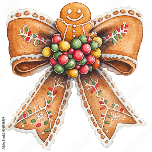 Festive Gingerbread Figures with Holiday Decorations, Adorable gingerbread characters with festive bows, holly accents, and Christmas decorations, perfect for holiday designs, greeting cards