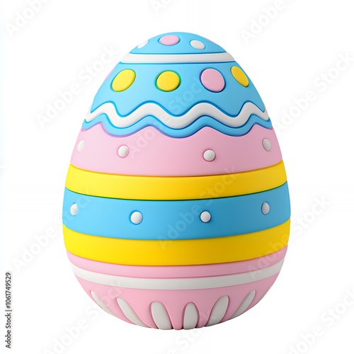 A colorful Easter egg with pink, yellow, and blue stripes and polka dots.