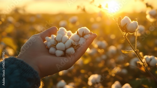 Freshly Picked Cotton Held in Hand Amidst Sunlit Field