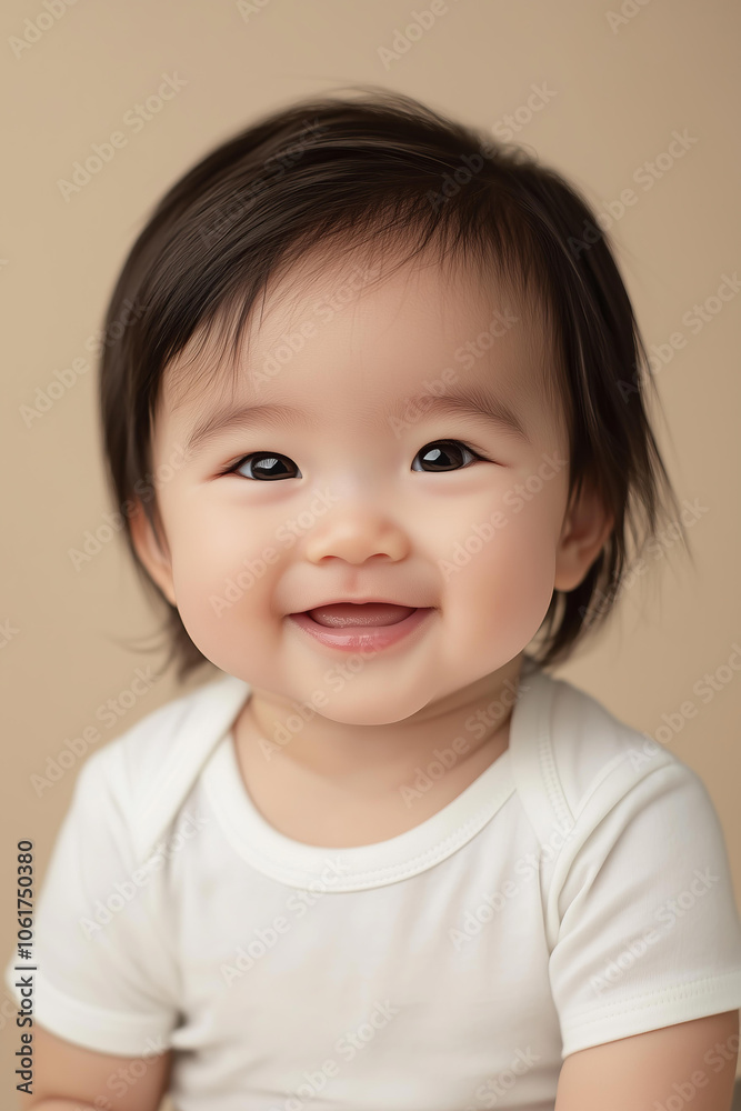 asian little baby boy or girl 6 month old smiling wearing blank mockup white bodysuit,isolated on a beige background asian little baby boy or girl 6 month old smiling wearing blank mockup white bodysuit,isolated on a beige background