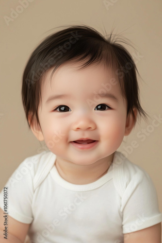 asian little baby boy or girl 6 month old smiling wearing blank mockup white bodysuit,isolated on a beige background