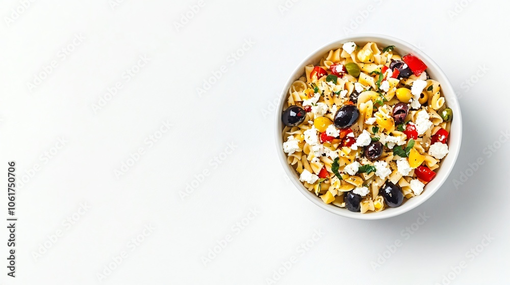 Close-up of Greek Pasta Salad with Feta Cheese, Olives, and Tomatoes in a White Bowl Close-up of Greek Pasta Salad with Feta Cheese, Olives, and Tomatoes in a White Bowl