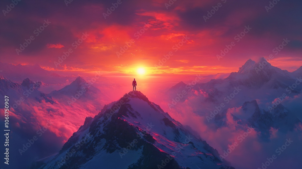 A person stands triumphantly on a mountain peak, illuminated by a vibrant sunrise, symbolizing achievement and connection with nature's beauty and vastness A person stands triumphantly on a mountain peak, illuminated by a vibrant sunrise, symbolizing achievement and connection with nature's beauty and vastness