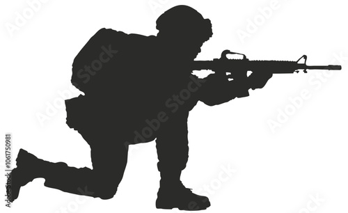 outline of crouching soldier with a rifle in his hand.  Isolated vector 