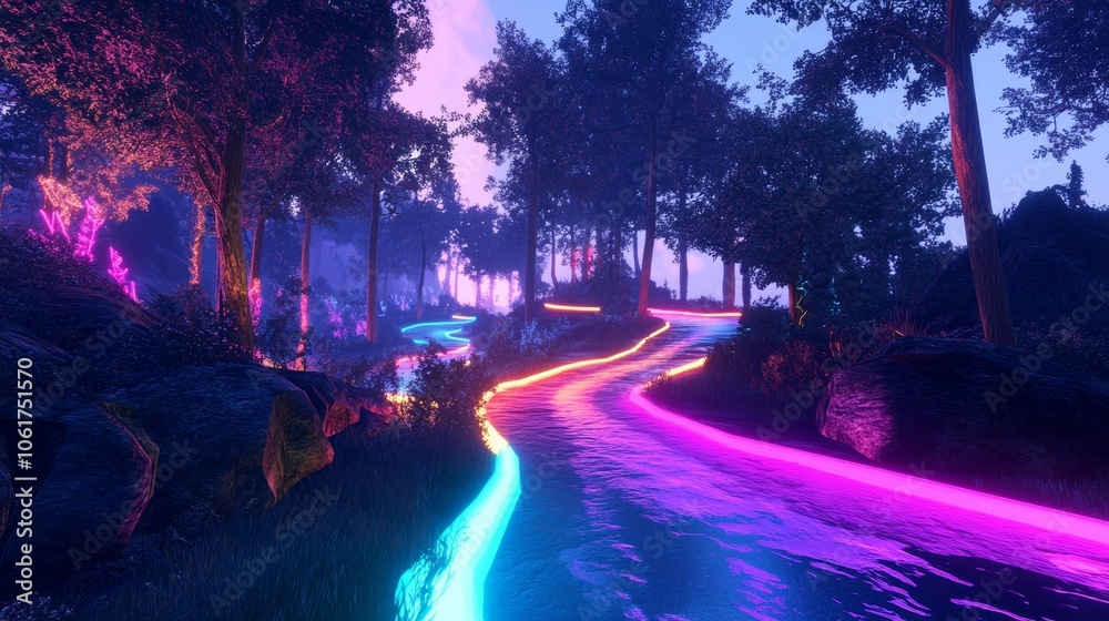A neon-lit forest path at dusk, with vibrant colors creating a surreal, futuristic adventure setting, devoid of people. A neon-lit forest path at dusk, with vibrant colors creating a surreal, futuristic adventure setting, devoid of people.