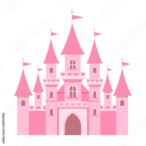 A pink castle with flags on top. The castle is very large and has many windows