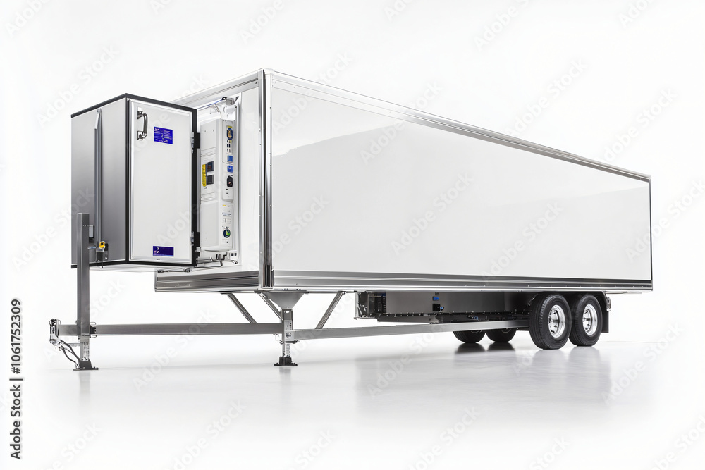 a modern refrigerated trailer in metallic white, showing precise temperature control unit detail, on a white background a modern refrigerated trailer in metallic white, showing precise temperature control unit detail, on a white background
