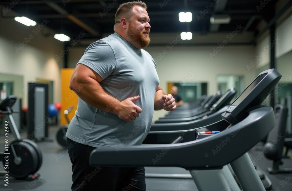 overweight fat men in sportswear running on treadmill in fitness club. Chubby man walking on running track. overweight fat men in sportswear running on treadmill in fitness club. Chubby man walking on running track.