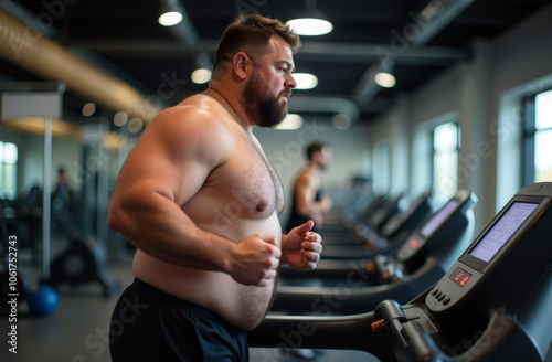 overweight fat men in sportswear running on treadmill in fitness club. Chubby man walking on running track.