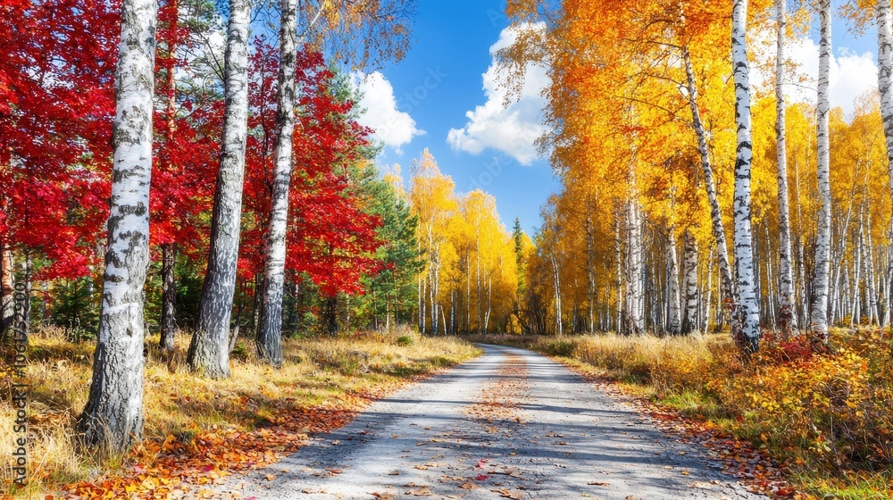 Fototapeta premium Vibrant Autumn Path Through Golden Forest