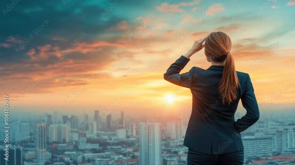 Fototapeta premium Young businesswoman at sunrise, overlooking city skyline, [ambition concept], [visualizing future success and aspirations] 
