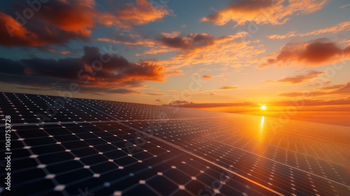 Sunset Over Solar Panels with Vibrant Sky Colors