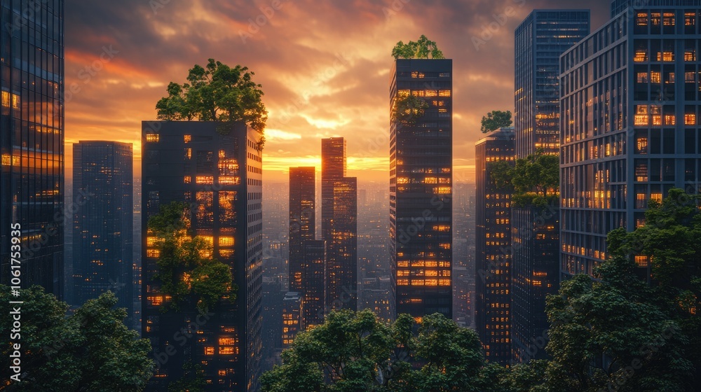 Fototapeta premium Urban carbon sink, trees integrated into skyscrapers, 3D illustration Carbon-neutral future, sustainable cityscape at sunset, 3D illustration 