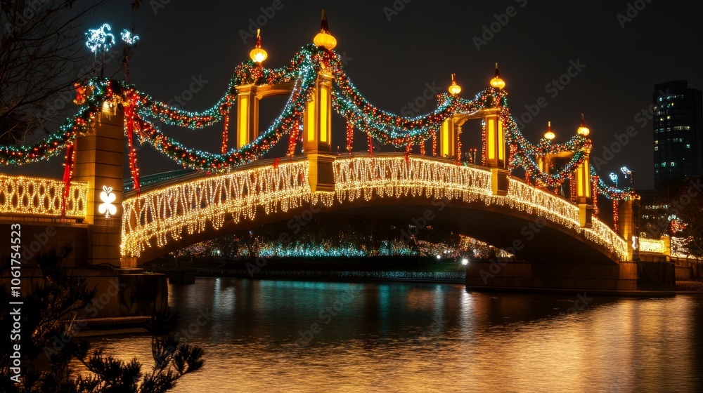 Fototapeta premium Beautifully lit bridge adorned with decorations for New Year festivities background
