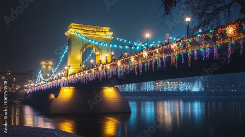 Beautifully lit bridge adorned with decorations for New Year festivities background