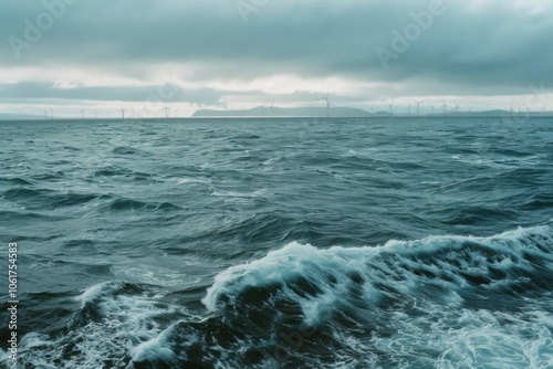 A vast ocean under a cloudy sky, waves crash against each other, with wind turbines in the distance, marrying nature’s power with sustainable energy.