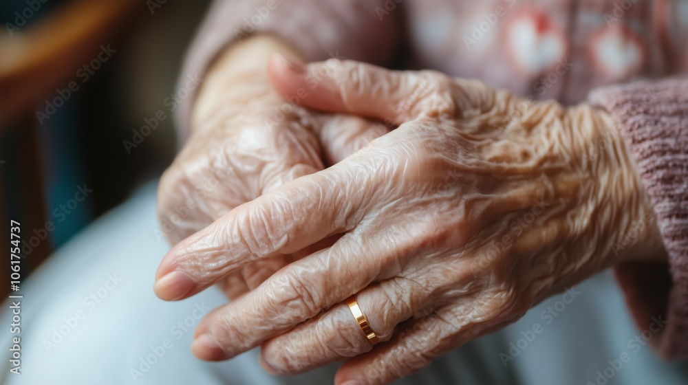 Fototapeta premium An elderly woman with a ring is holding her hands together