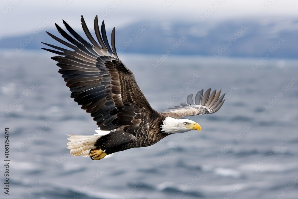 Majestic bald eagle soaring over a vast ocean, wings spread wide, embodying freedom and grace against a backdrop of distant mountains. Majestic bald eagle soaring over a vast ocean, wings spread wide, embodying freedom and grace against a backdrop of distant mountains.