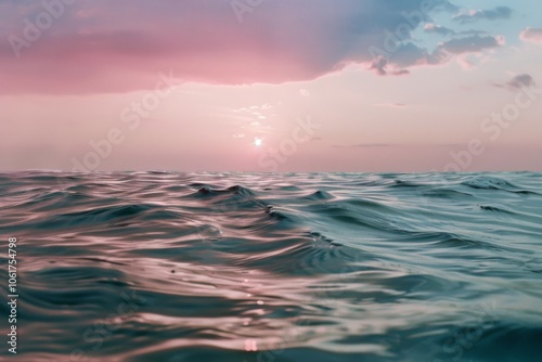 The tranquil ocean waves gently ripple under a mesmerizing pastel sunset, painting the sky with shades of pink and blue.