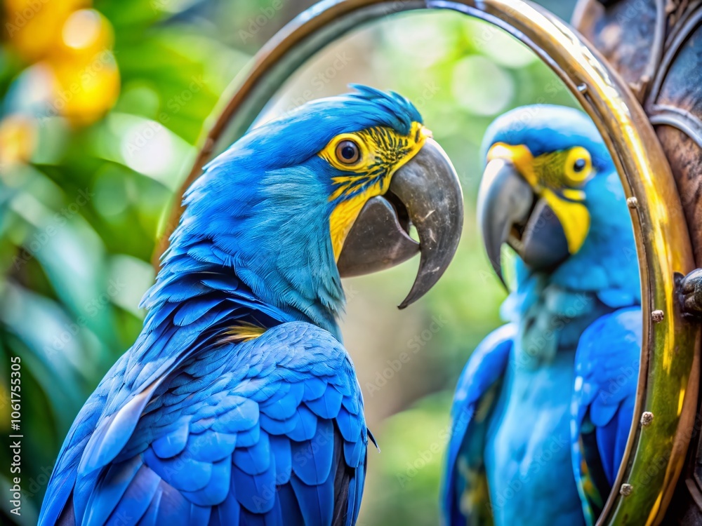 Obraz premium Blue Parrot Gazing at Its Reflection in Mirror - Candid Photography of Exotic Bird Interacting with Its Reflection, Vibrant Plumage, Nature, Wildlife