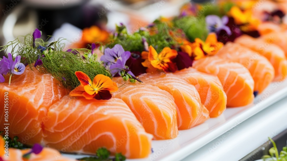 Fresh Salmon with Edible Flowers on a Platter Fresh Salmon with Edible Flowers on a Platter
