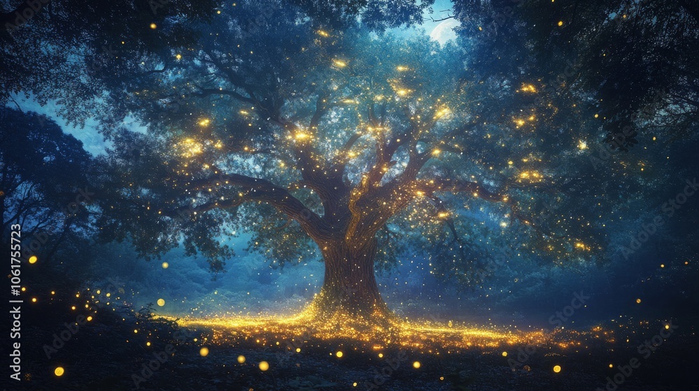 Glowing fireflies on a tree at night.