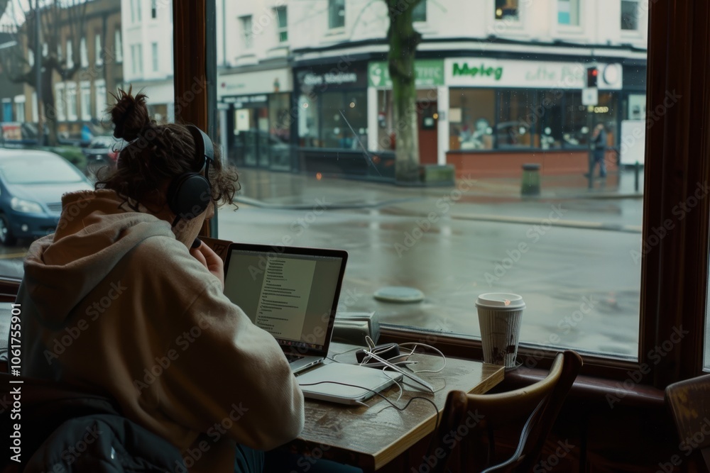 A cozy café scene where a focused individual works on a laptop, gazing out to a rainy city street. A cozy café scene where a focused individual works on a laptop, gazing out to a rainy city street.