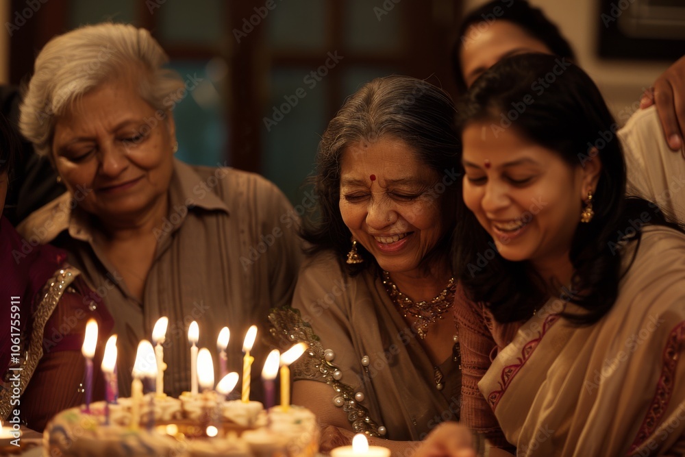 Three generations of women joyfully admire a lit birthday cake, celebrating together in a warm, affectionate family gathering steeped in tradition. Three generations of women joyfully admire a lit birthday cake, celebrating together in a warm, affectionate family gathering steeped in tradition.