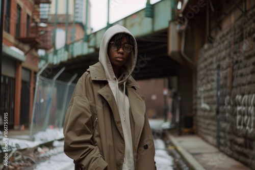 A person in a hoodie and coat stands in an urban alleyway, showcasing youthful style and quiet resilience within the bustling cityscape.