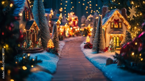Wallpaper Mural Brightly lit pathway leading to a Christmas village display background Torontodigital.ca