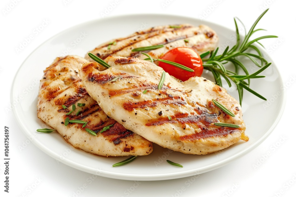 Grilled chicken with rosemary and tomato isolated on white background Grilled chicken with rosemary and tomato isolated on white background