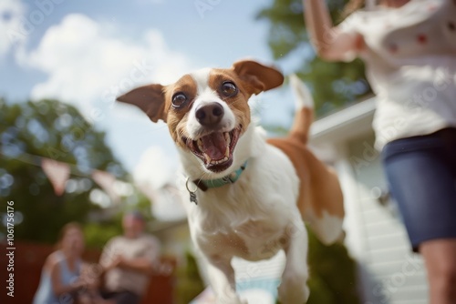 A joyful dog dashes toward the camera, ears flapping in the summer breeze, encapsulating unfettered happiness and energetic play in a lush garden. photo