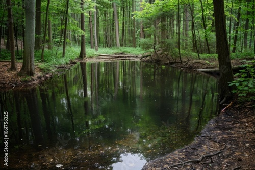 A tranquil woodland pond reflects towering trees and lush greenery, enveloping a serene natural setting.