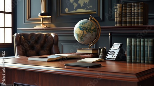 Elegant office workspace with globe and books