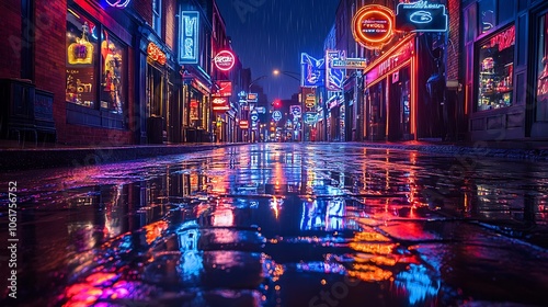 Discover vibrant nightlife reflected in rainy streets