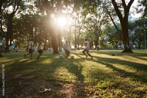 Children play soccer in a sun-dappled park, their laughter and movement animate the tranquil space, captured beautifully in the golden afternoon light.