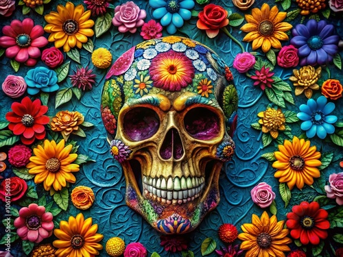 Bright Colorful Skull with Floral Elements on a Wall - Artistic Panoramic Photography, Vibrant Decor, Skull Art, Nature-Inspired Design, Wall Mural, Colorful Aesthetic, 