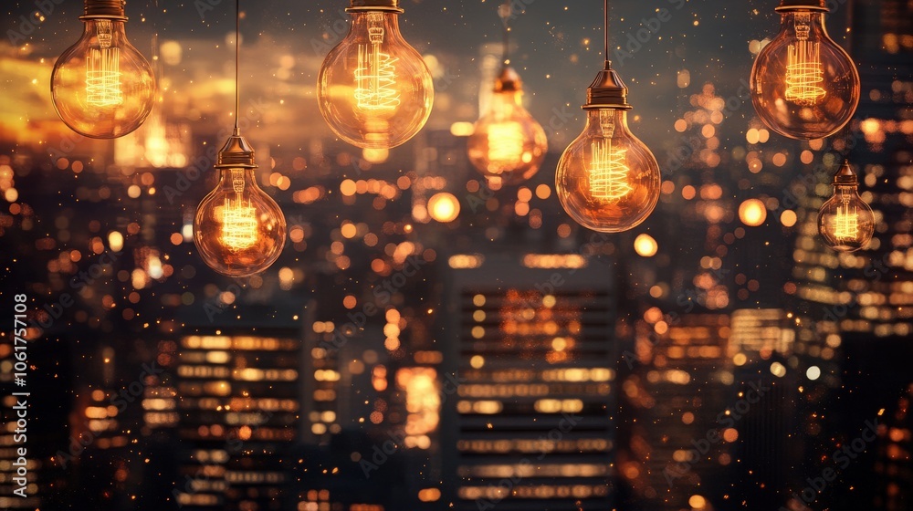 Drifting lightbulbs casting a warm glow over an abstract city skyline, creating an enchanting ambiance, with twinkling lights adding a dreamy quality to the urban landscape Drifting lightbulbs casting a warm glow over an abstract city skyline, creating an enchanting ambiance, with twinkling lights adding a dreamy quality to the urban landscape