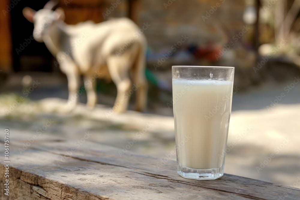 A glass of milk against the background of a goat in the village. Farm homemade product. A glass of milk against the background of a goat in the village. Farm homemade product.