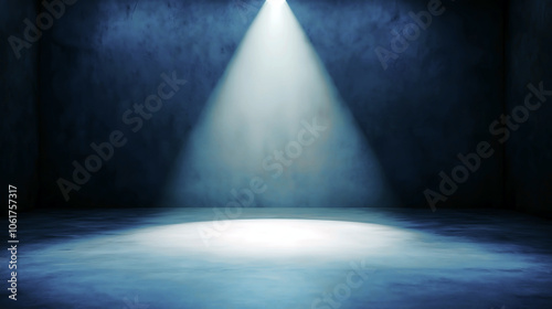 soft spotlight illuminates single point on dark stage, creating dramatic atmosphere. surrounding walls and floor are textured, enhancing focus on light