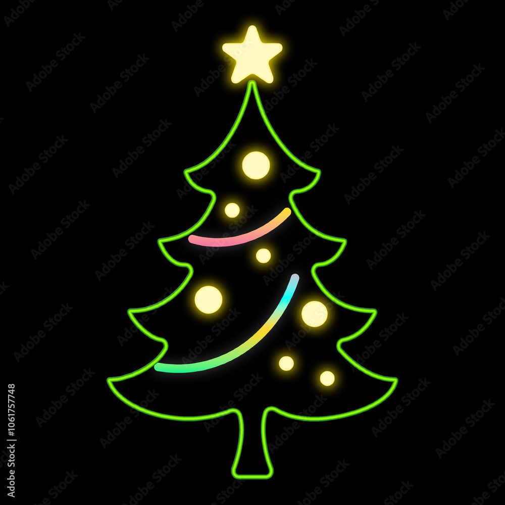 Fototapeta premium 星を飾ったクリスマスツリーのネオン風の線画イラスト 黒背景の切り抜き